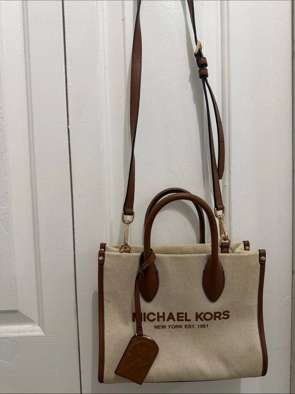 MICHAEL KORS Beige Canvas Satchel with Brown Leather Trim